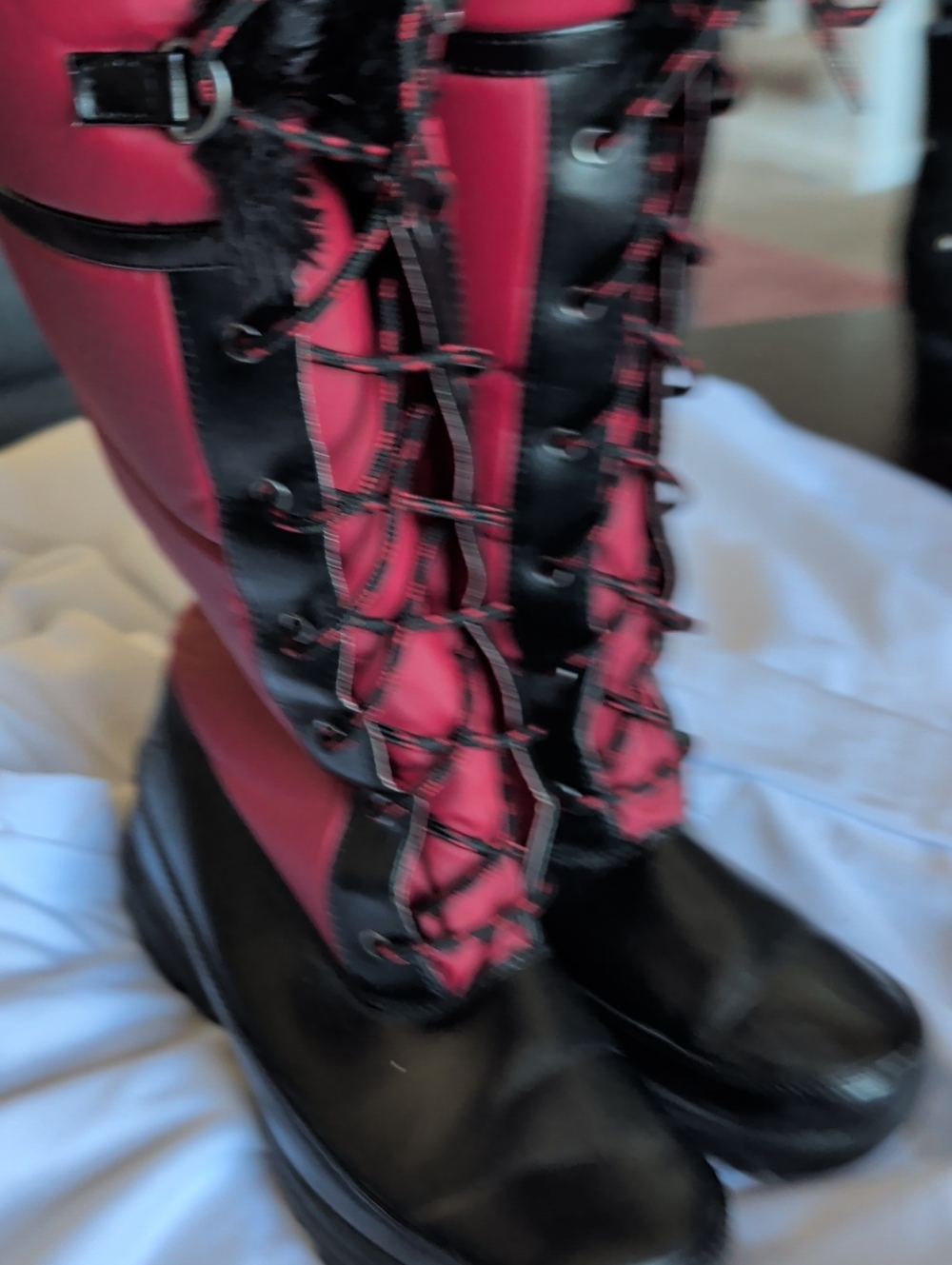 Women's Black and Red Lace-Up Knee Boots with Platform Sole